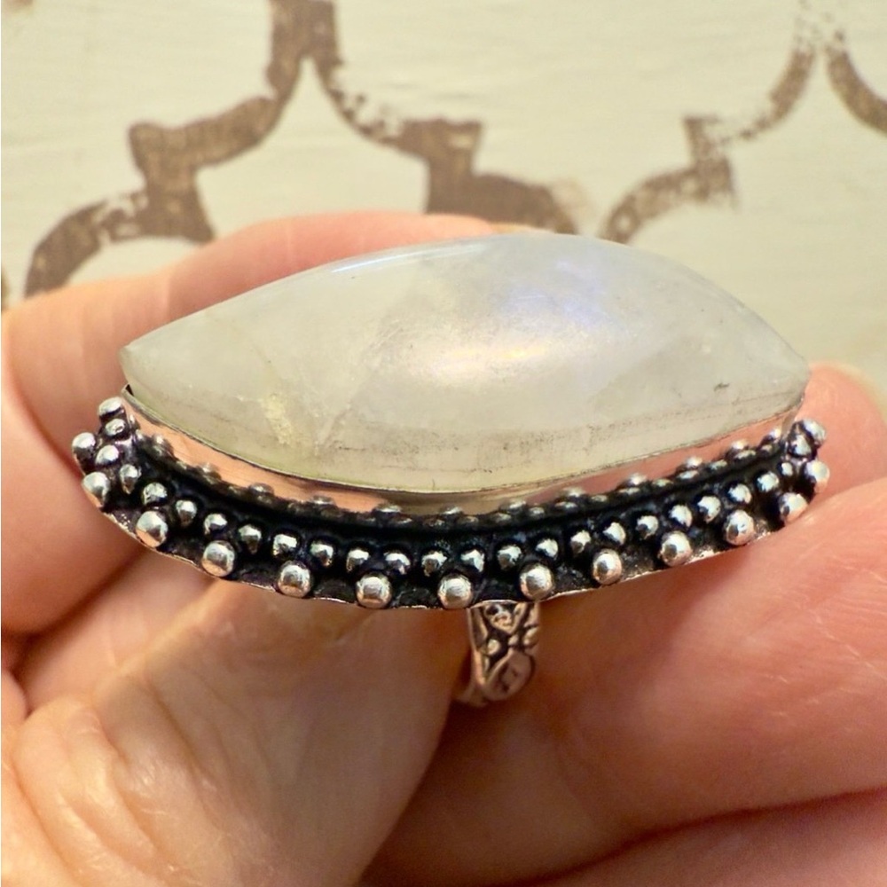 Size 7 Rainbow Moonstone asymmetric beautiful ring, silver plated